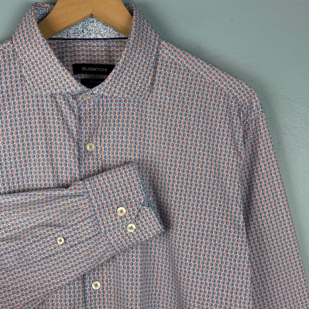 Bugatchi Men Large Blue Orange Classic Fit Geometric Long Sleeve Button Up Shirt